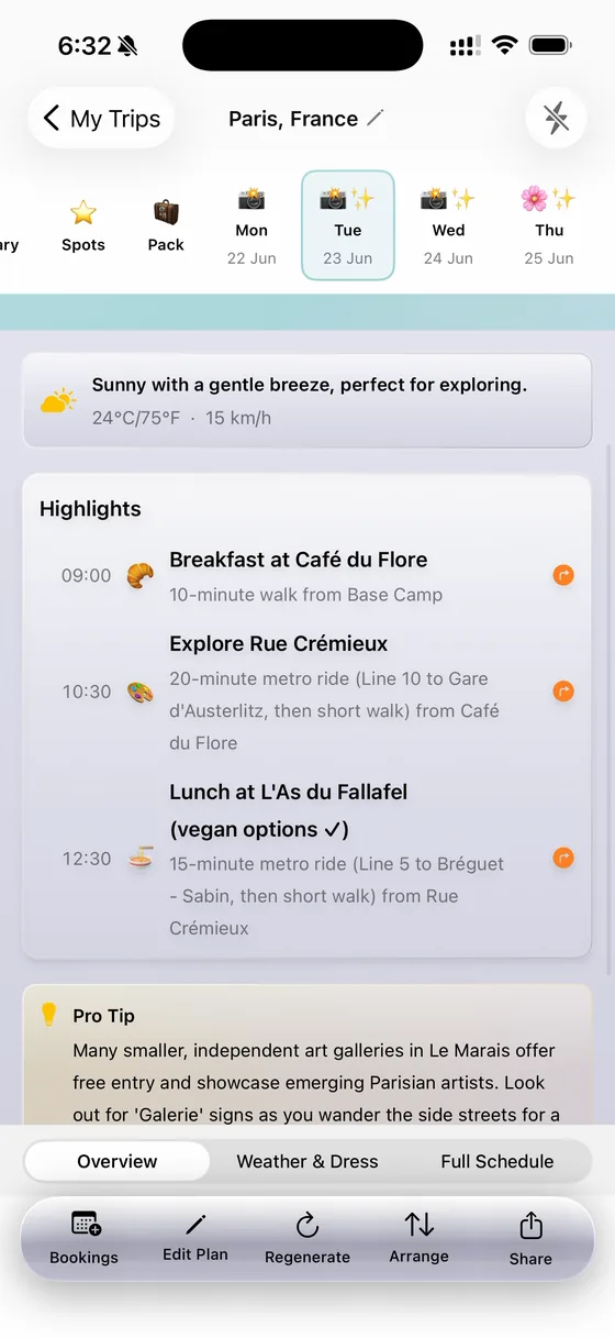 A Live Trip day shown on the destination's local time